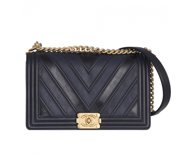 Chanel Boy Chevron Azul Patchwork